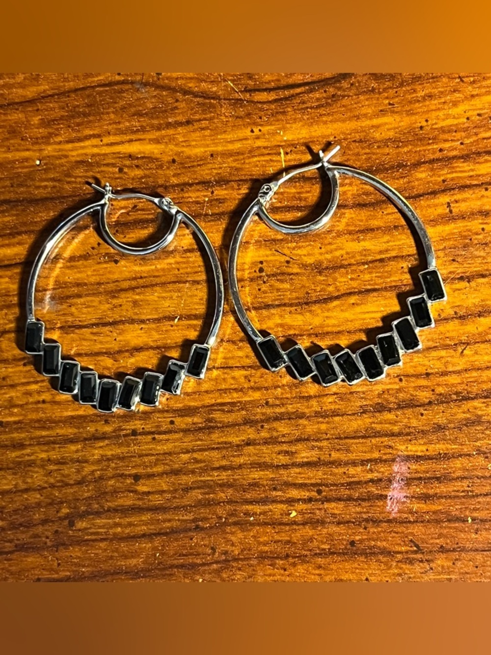 Silver Hoop Earrings with Black Stones - Women Jewelry